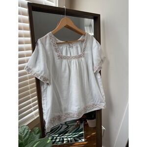 J. Crew White Linen Square Neck Embroidered Short Sleeve Top Women's L